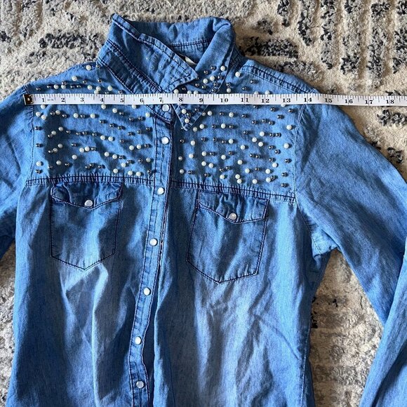 Big Dart Embellished Pearl Rhinestone Denim Shirt Hi Low Tunic Medium - Picture 7 of 10